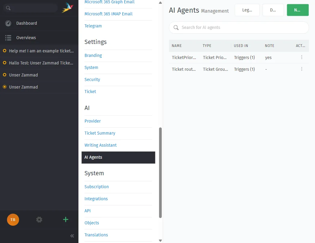 AI Agents Management in Zammad 7.0 — configure Ticket Prioritizer, Group Dispatcher, and more from the admin panel.