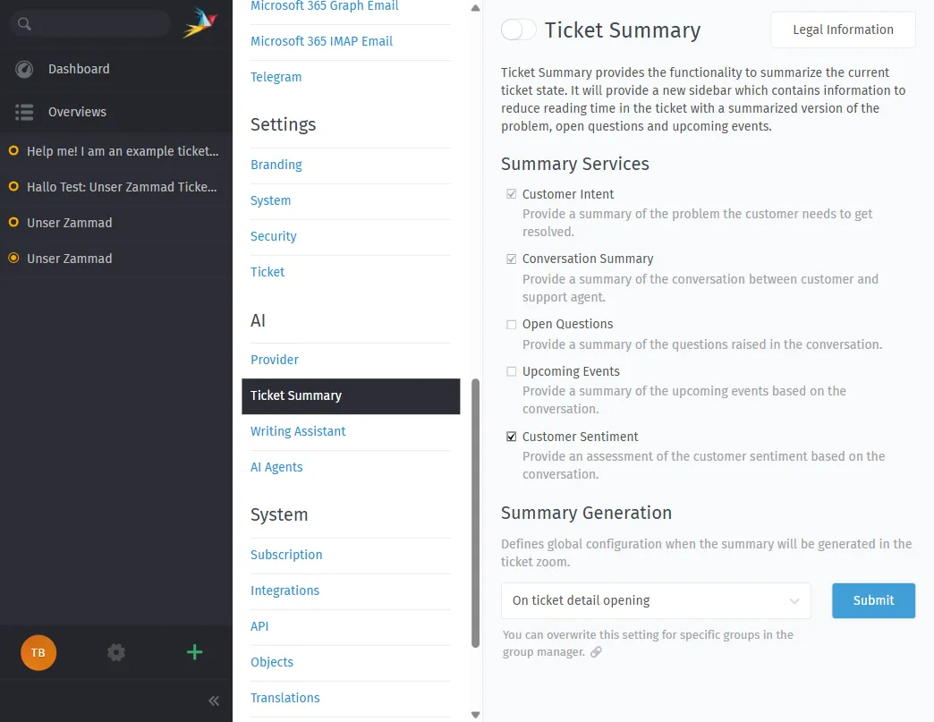 Ticket Summary settings — toggle which summary services to enable: Customer Intent, Conversation Summary, Open Questions, Upcoming Events, and Customer Sentiment.