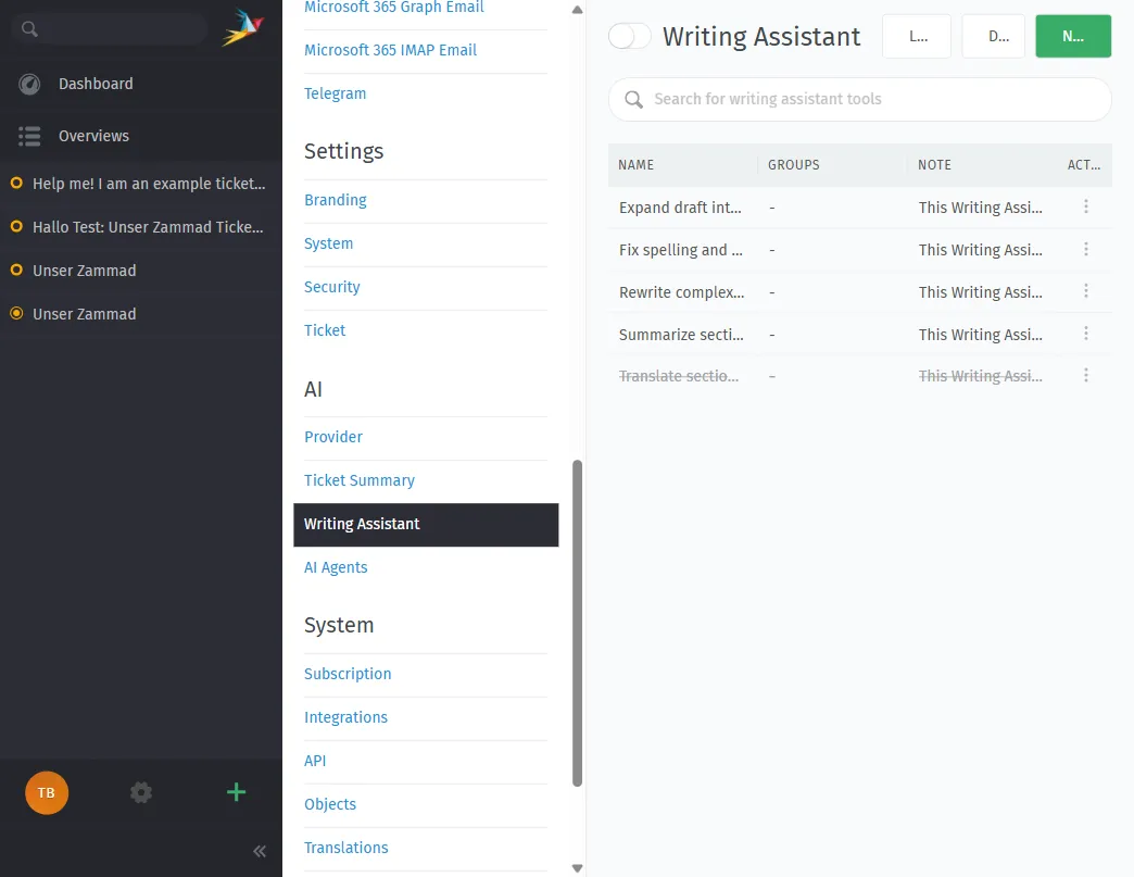 Writing Assistant tools — expand drafts, fix grammar, simplify text, summarize, and translate. Create custom tools for your domain.