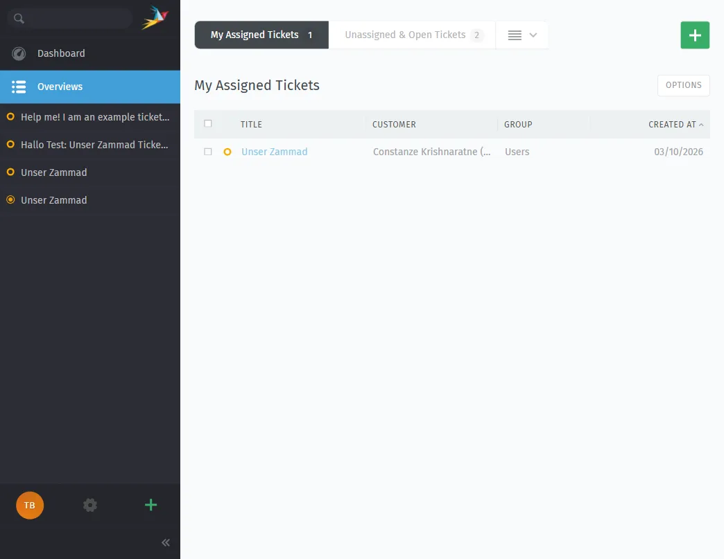 Ticket Overviews — assigned tickets, unassigned tickets, and custom views to manage your queue.